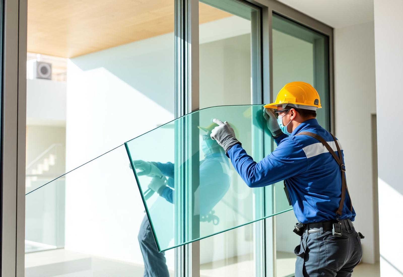 Vidrieros instalando un panel de vidrio en una vivienda moderna en Chile